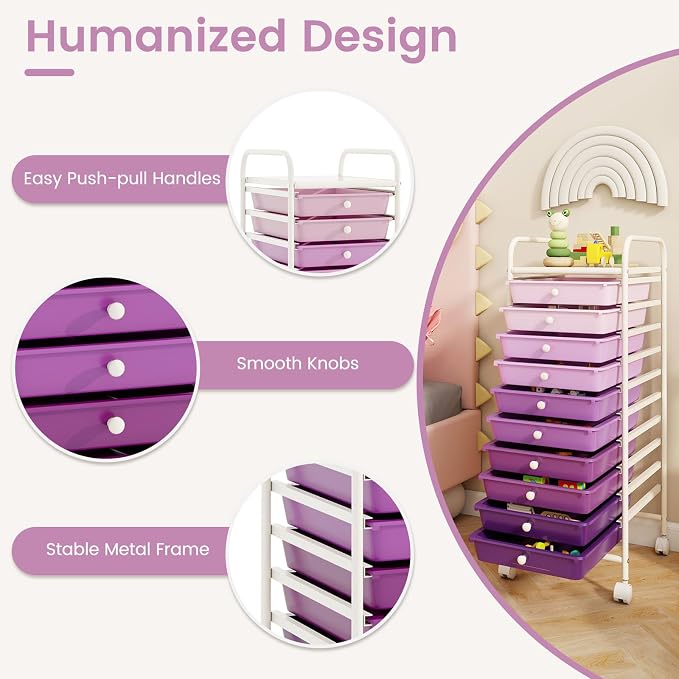 GLACER 10 Drawers Rolling Cart, Storage Cart with w/Removable Drawers & Steel Frame, Utility Mobile Trolley w/Universal Casters & 2 Brakes, Organizer Cart for Home, Office (Purple Gradient)