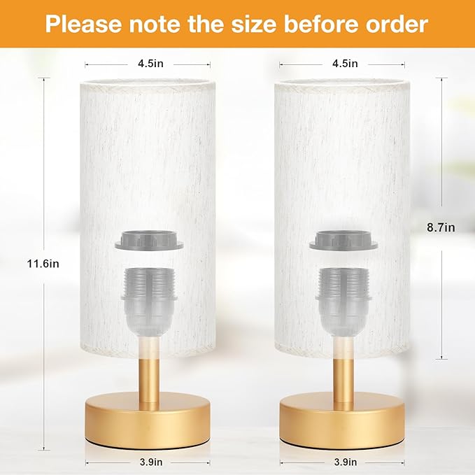 Table Lamps Set of 2 （Cream Shade- Gold Base, 11.6" Inline Control） | Bulb not Included | Small Lamps for Bedroom | Desk Lamp for Reading | for Living Room | for Dorm | Linen Fabric Shade