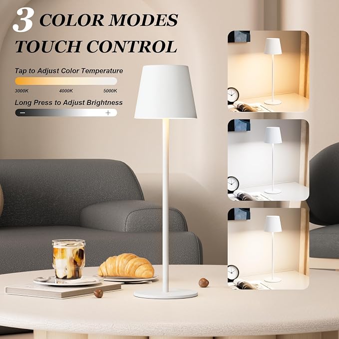 Kakanuo White Cordless Table Lamp Rechargeable - 2 Pack 5000mAH Battery Operated Lamp for Table, 3 Color Stepless Dimming Wireless Lamp for Kitchen Counter, Touch Control