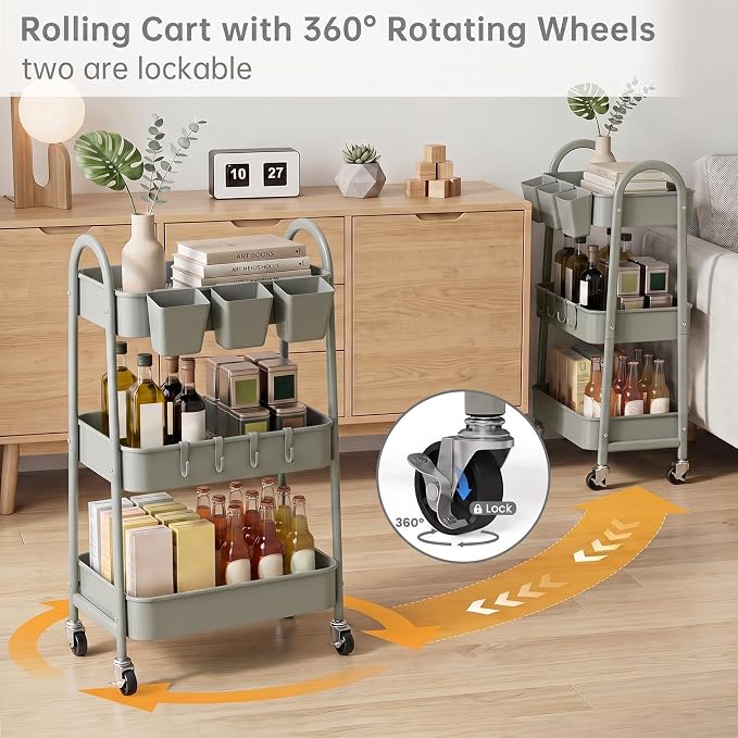 3-Tier Rolling Cart, Metal Rolling Storage Cart with Lockable Wheels & Hanging Cups & Hooks, Mobile Trolley Cart for Kitchen, Bathroom, Office, Workshop, Gray