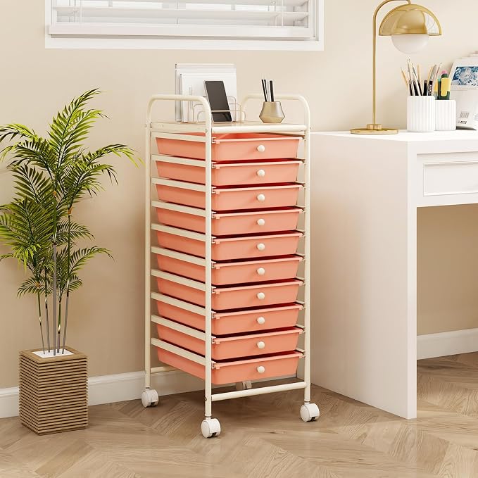 GLACER 10 Drawers Rolling Cart, Storage Cart with w/Removable Drawers & Steel Frame, Utility Mobile Trolley w/Universal Casters & 2 Brakes, Organizer Cart for Home, School, Office (Peach Fuzz)