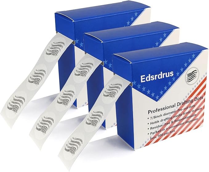 EDSRDRUS 3 Pack Drafting Dots 7/8" Diameter, Low Tack, Easy Removal, Pre-Cut Tape for Tracing, Drawing, Positioning, Roll of 500 Per Box (White)