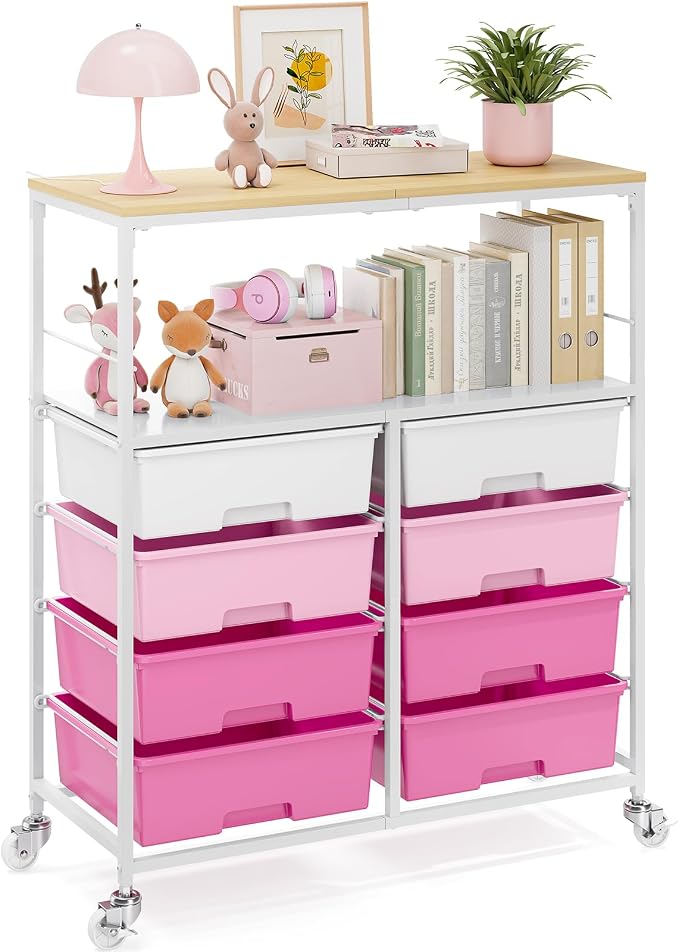 Rolling Storage Cart with 8 Large Drawers, Wooden Tabletop | Open Storage Shelves, Mobile Craft Organizer with Lockable Wheels for Home, Classroom, Office Supplies & Art Studio,Pink