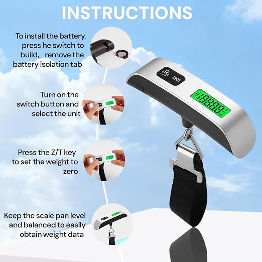 Digital Luggage Scale, Backlit LCD, 110 Pounds | digital sensor scale with 4-unit switching for accurate weighing of luggage, backpacks, and packages while traveling