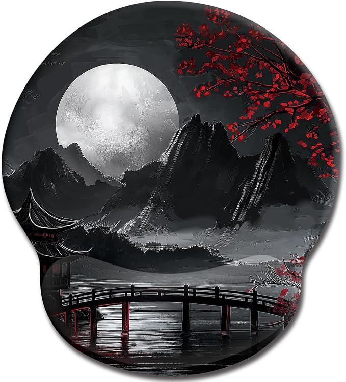 LIMKRIAN Mouse Pad with Gel Wrist Rest, 9.8 x 8.6 in, Japanese Full Moon | Ergonomic Wrist Support, Non-Slip PU Base, Pain Relief, Japanese Style Office Home Desk Accessories Decor
