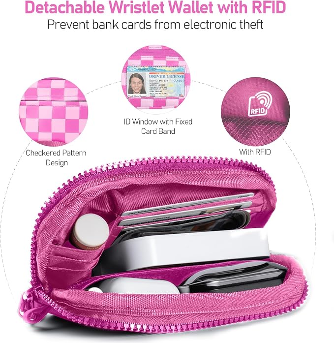 Tiostep Clip and Go Strap for Phone with Wallet Crossbody Phone Lanyard Adjustable and Detachable RFID Wristlet Wallet (Hot Pink Checkered, Medium)