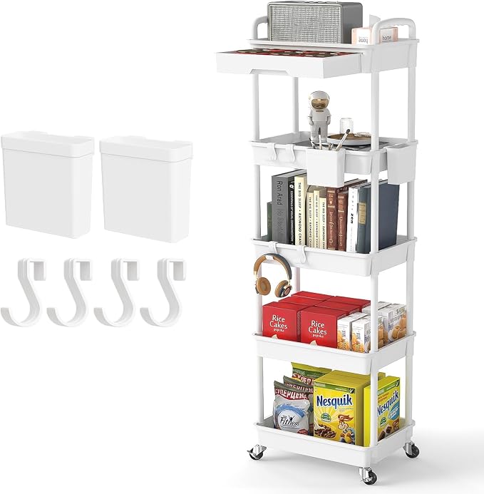 5 Tier Rolling Utility Cart with Drawer,REBECAT Utility Cart Made of Multifunctional Storage Organizer Tool for Kitchen,Bathroom,Living Room,Office(White)