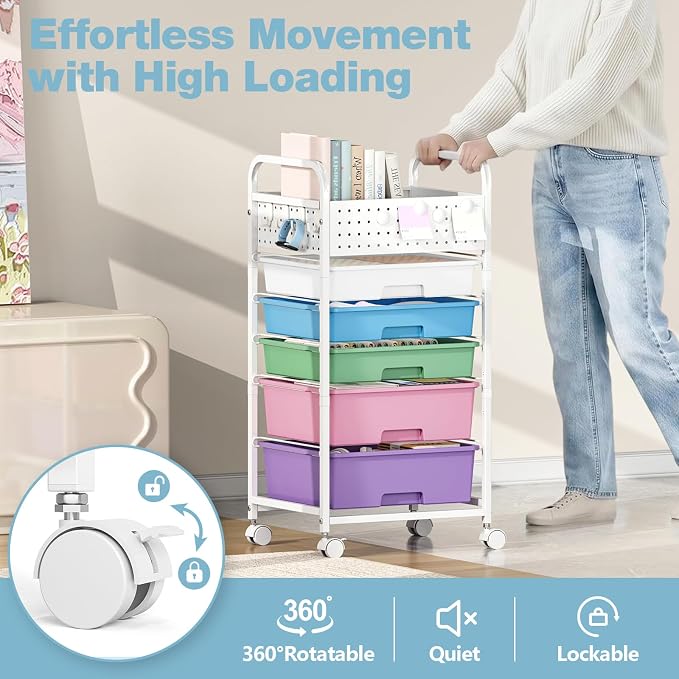 5 Drawer Rolling Storage Cart with Pegboard Top and Hooks, Ice Cream | Mobile Organizer Cart with Wheels for Office Supplies, Craft Storage, Classroom Organization, Home Utility Cart
