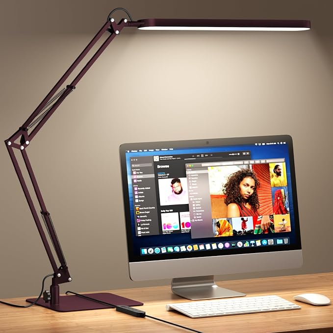 LED Desk Lamp with Slim Base - Adjustable Swing Arm Desk Light, Dimmable, Timer, Eye Protection, Memory Function, 1300LM, 12W, Red