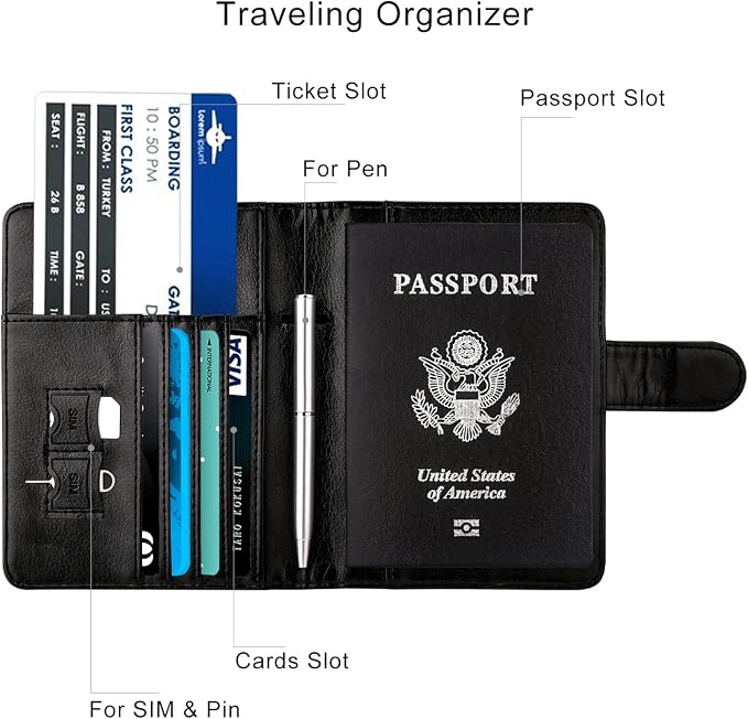 WALNEW Passport Holder for Travel, RFID Passport Wallet, Travel Essentials | PU Leather Passport Cover Case with Pen Holder, Travel Must Haves Accessories, Passport Book Holder for Women Men