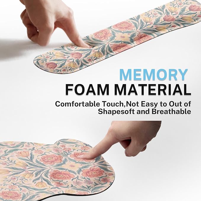 Ergonomic Mouse Pad Set with Wrist Rest, Floral Boho | Vintage Pink Non-Slip Rubber Base Wrist Cushion Support and Coasters Mousepad with Wrist Support for Computer Keyboard