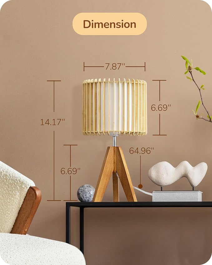 EDISHINE 14.17" Small Table Lamp, Wood-Colored Hollow Shade, E26 Base | Wood Tripod Bedside Lamp, Boho Nightstand Lamp for Bedroom, Living Room, Office, Study