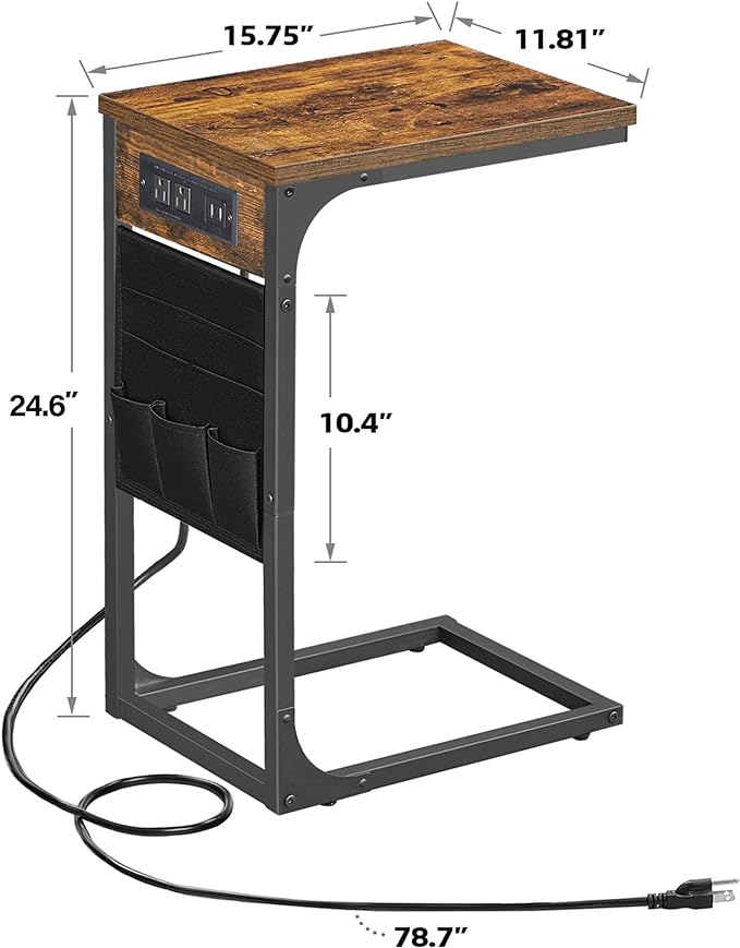 TUTOTAK C Shaped End Table with Charging Station, Side Table for Sofa | Couch Table with Storage Bag, TV Tray with 2 USB Ports and Outlets, Set of 2, Living Room and Bedroom, Brown TB01BB0242