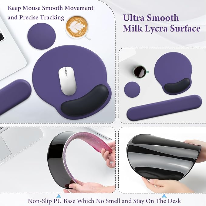 3 in 1 Ergonomic Mouse Pad and Keyboard Wrist Rest with Coaster Set-Purple | Cute Large Mousepad with Gel Wrist Support for Gaming Computer Laptop Women Office Home Desk Decor