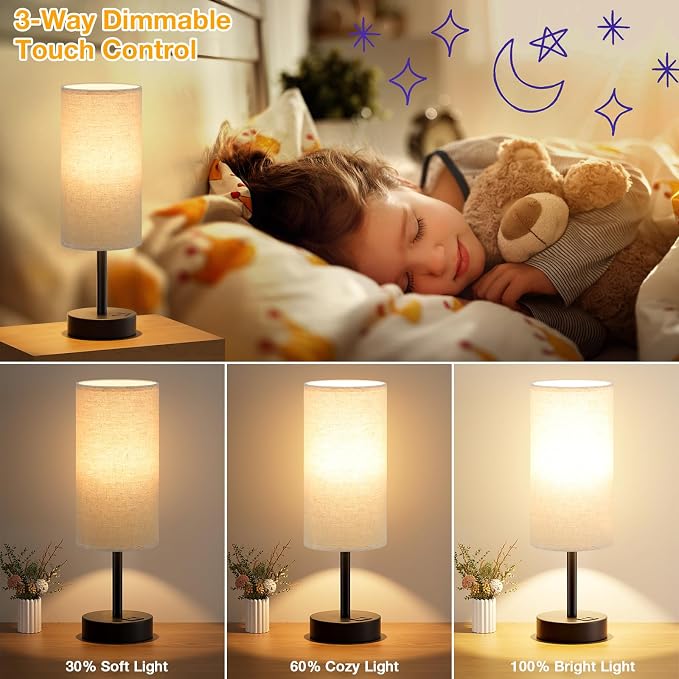 Dicoool Bedside Table Lamp for Bedroom - 3-Way Dimmable Touch Lamp, USB A+C | LED Bulb Included, 14" Small Nightstand Lamp for Desk, Living Room, Guest Room, Beige Fabric Lampshade, Black Metal Base