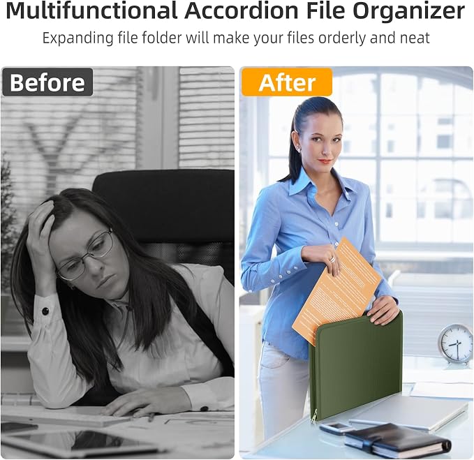 Fireproof Accordion File Organizer, Expanding File Folder with 13 Pockets | Portable Document Organizer with Waterproof Zipper & Labels, File Organizer for Important Document/Paper Storage, Green