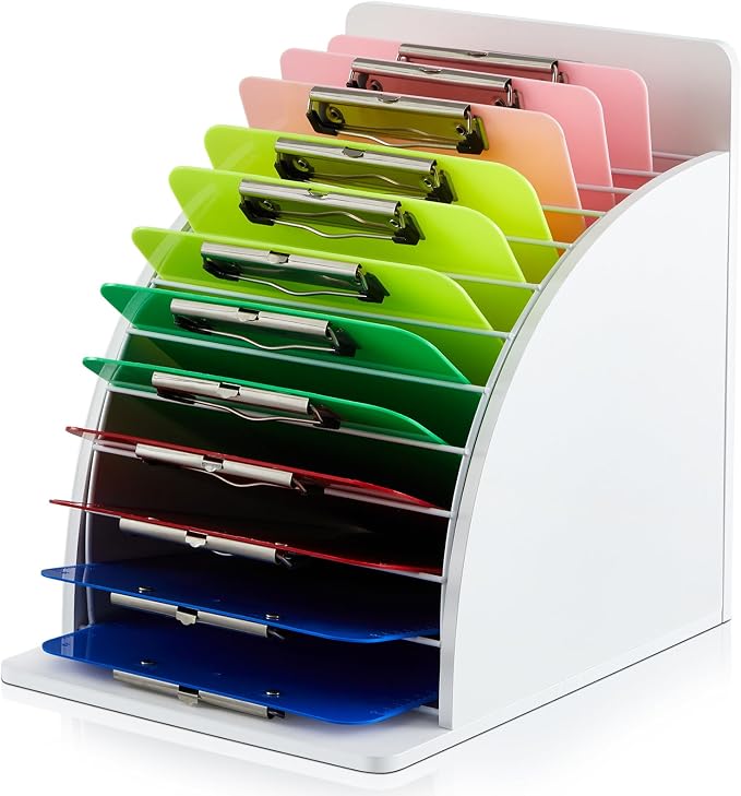 Wonderjune 1 Pack Clipboard Holder Wooden Metal Clipboards Storage Rack with Raised Side Panel, Back to School Supply for Classroom Office School Teacher, Clip Boards Not Included(White)