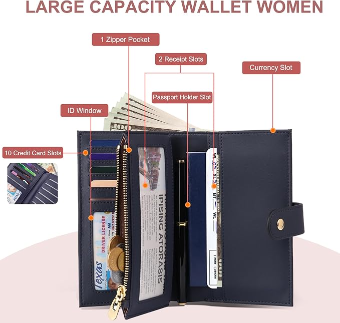 yiijay Wallet for Women RFID Blocking Leather Trifold Clutch Wallet Credit Card Holder Ladies Travel Wallet Purse with Passport/Pen Holder