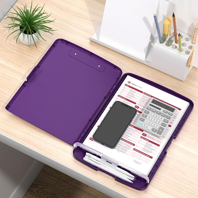 Rimilak Clipboard with Storage, 8.5 x 11'' High Capacity Clip Board, Purple | Smooth Writing, Side-Opening Plastic Folder with Pen Holder, Size 14.2 x 9.6 x 1.2″ ,for Classroom, Teacher, Student