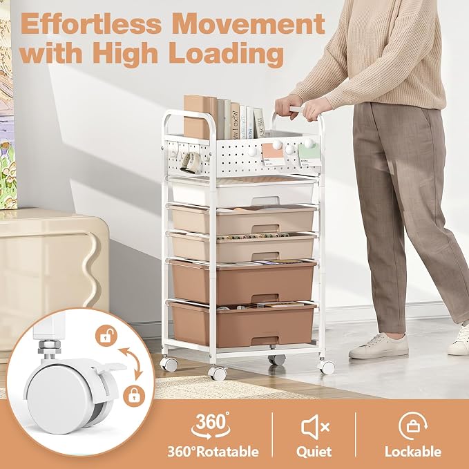 5 Drawer Rolling Storage Cart with Pegboard Top and Hooks, Brown | Mobile Organizer Cart with Wheels for Office Supplies, Craft Storage, Classroom Organization, Home Utility Cart