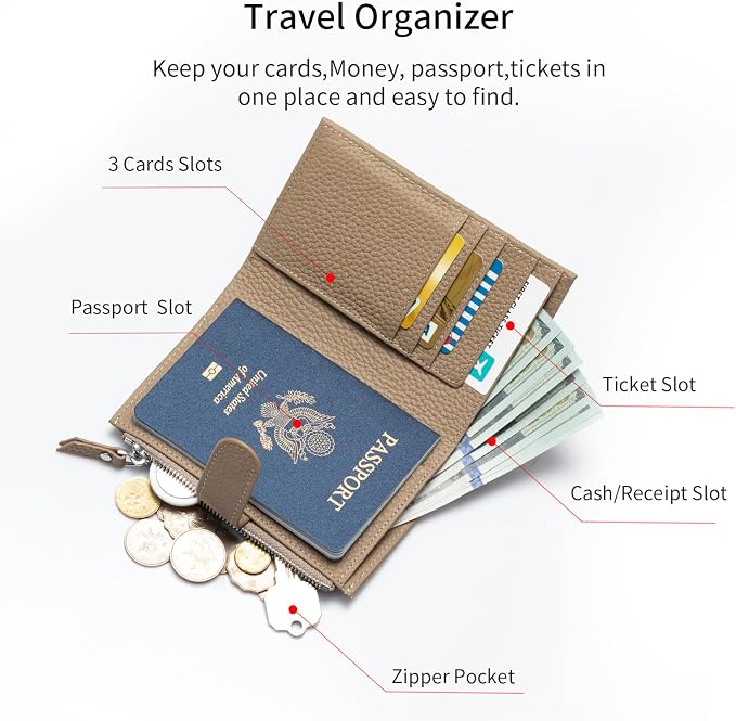 Passport wallet and Card Slot Combo RFID Blocking Leather Travel Passport Wallet for Men and Women with Zippered Coins Pocket Passport holder, khaki Grey