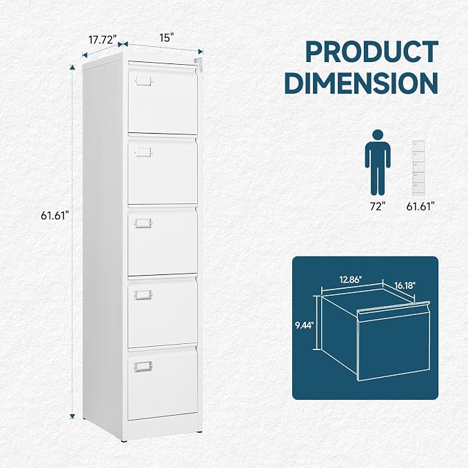 MIIIKO 5 Drawer File Cabinet with Lock, Metal Vertical Filing Cabinets for Home Office,File Folders Storage Cabinet for Letter Legal A4 File Size