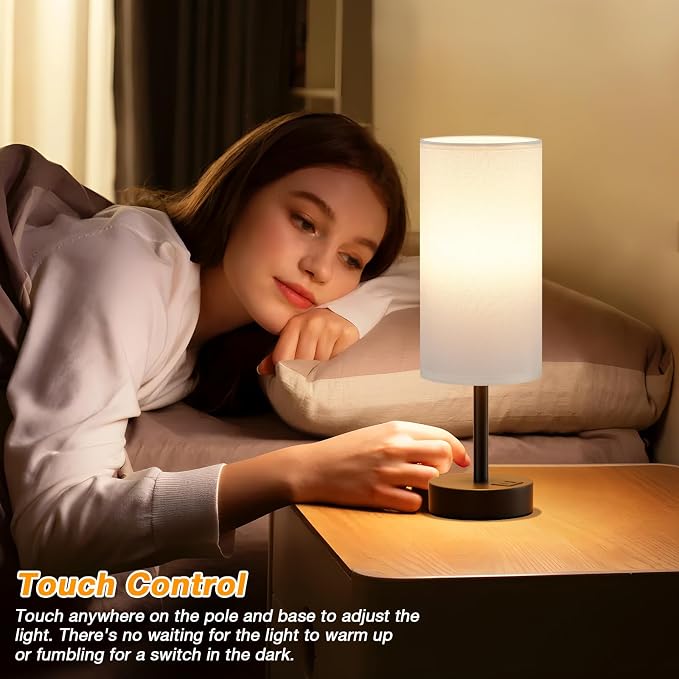 Dicoool Bedside Table Lamp for Bedroom - 3-Way Dimmable Touch Lamp, USB A+C | LED Bulb Included, 14" Small Nightstand Lamp for Desk, Living Room, Guest Room, White Fabric Lampshade, Black Metal Base
