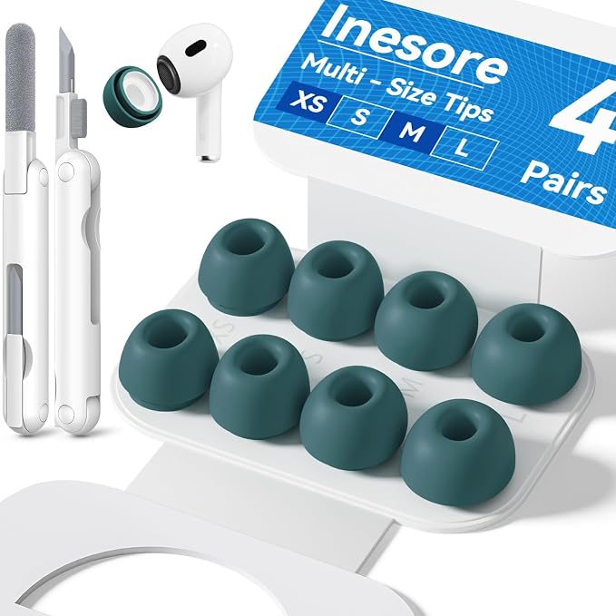 Inesore 4 Pairs Replacement Ear Tips for AirPods Pro 2nd/1st (P-Green) | with Noise Reduction Hole & Built-in dust Guard Screen,Silicone,with Portable Storage Box & Cleaner Pen,4 Size (XS/S/M/L)