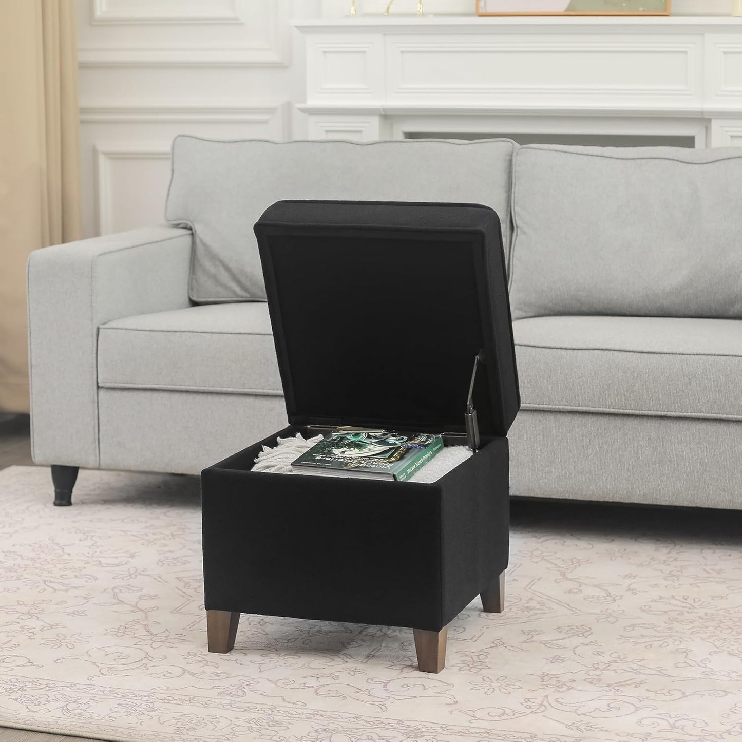 Adeco 17.5" Square Fabric Ottoman with Storage - Upholstered Cotton Linen Foot Rest - Flip Top Footstool with Sturdy Wood Legs, Small Cube Coffee Table Extra Seat for Living Room, Bedroom, Black
