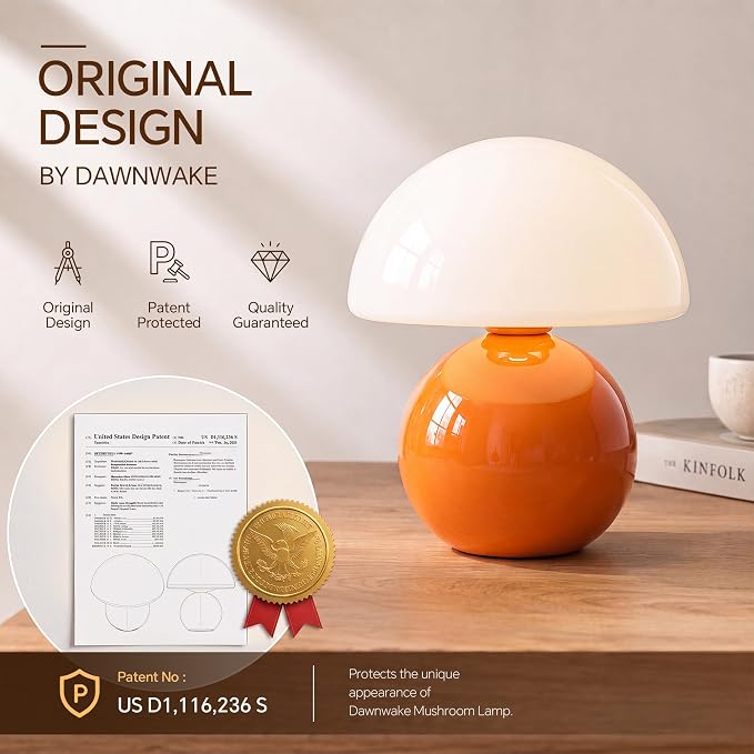 Mushroom Lamp Table Lamp for Bedroom-Small Desk Table Lamps,Orange | 8.7" Mid Century Modern Table Lamps for Living Room Bedroom Decor,Cute Ceramic Lamps for Mushroom Home Room Decor,Glass Shade