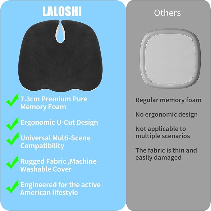 Office Chair Cushion with Coccyx Cutout & U-Shape Design, 2.8" Memory Foam for Back Pain Relief - Ergonomic Seat Pad, Removable Cover, Universal Fit