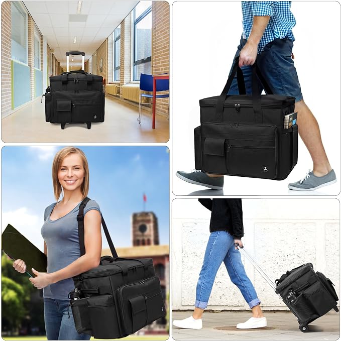 Rolling Teacher Bag Built-in Hard Support Board With Detachable Trolley | Waterproof nylon,35L large space,Multiple storage pockets,Fits 15.6 Inch Laptop