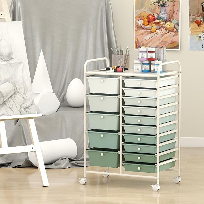 15 Drawer Rolling Storage Cart, Rolling Cart with Drawers for Classroom, Art Supply Craft Organizer on Wheel with Metal Frame & Handles for Home Office School (Gradient Green, 15 Drawer)