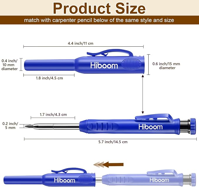 Hiboom 2 Pack Carpenter Pencils with Pencil Cap and 18 Refills, Blue | Mechanical Pencil, Deep Hole Marking, Built-In Sharpener, Long Nose Tip, Pocket Clip, Marks Many Surfaces, Woodworking Use