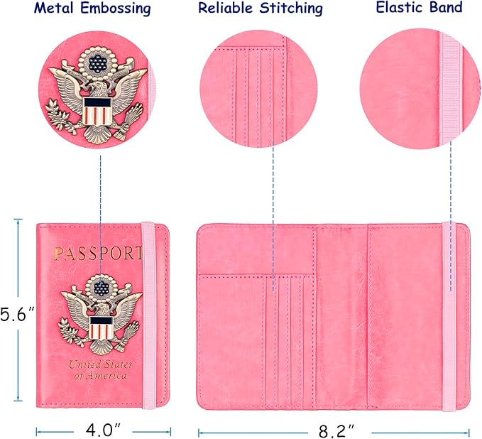 TOURSUIT RFID Blocking Passport Holder, Leather Travel Wallet, Pink | Travel Document Holder Cover Accessories, 3D Metal Badge, For Women Men