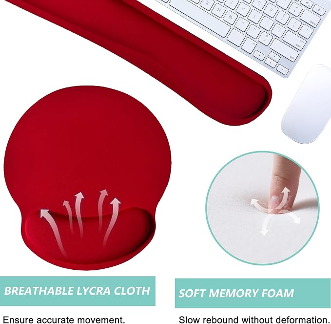 Keyboard Wrist Rest Pad Mouse Pad with Wrist Support Set of 3, Mousepad with Non-Slip Rubber Base, Ergonomic Memory Foam Mouse Wrist Cushion Support for Home Office Laptop Computer Gaming, Red