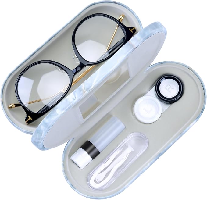 Muf 2 in 1 Contact Lens Case and Glasses Case, Double Sided Design with Mirror, Portable Travel Kit with Tweezer, Remover and Solution Bottle, Green Grey Marble