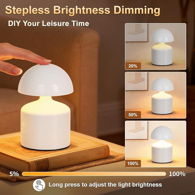 SAIWEYA Modern Cordless Mushroom Small Table Lamp, Dimmable Touch Battery | 3-Way Dimmable, Mini Rechargeable LED Desk Lamp, Night Light, Bedside Nightstand Lamps for Bedroom, Living Room