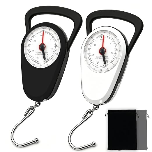 Luggage Weight Scale with Hook, 2PC Hanging Scale for Fish Travel, 80 Lbs | Battery-Free Luggage Scale, Black & White Suitcase Weight Scale, Measures Weight & Size for Travel, Bags & Outdoor Activities