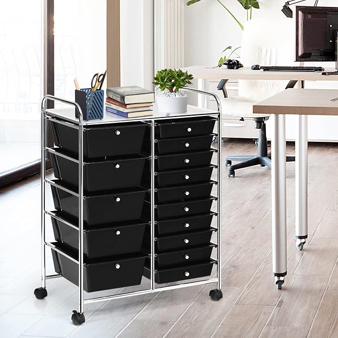 COSTWAY 15 Drawer Rolling Storage Cart, Mobile Storage Organizer | Removable Drawers & Metal Frame, Multipurpose Utility Tools Paper Organizer on Wheels for Home, Office (Black)