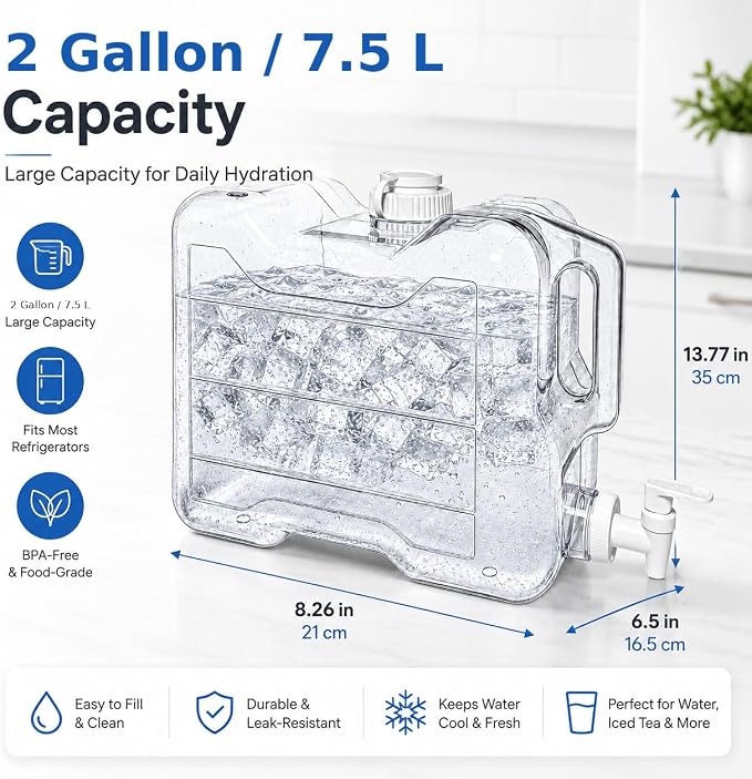 Fridge Water Dispenser with Leak-Proof Spigot, Reusable Refrigerator Drink Dispenser with Handle, Water Jug Beverage Container for Iced Tea, Juice, Lemonade, Party and Daily Use (2, 2 Gallon)