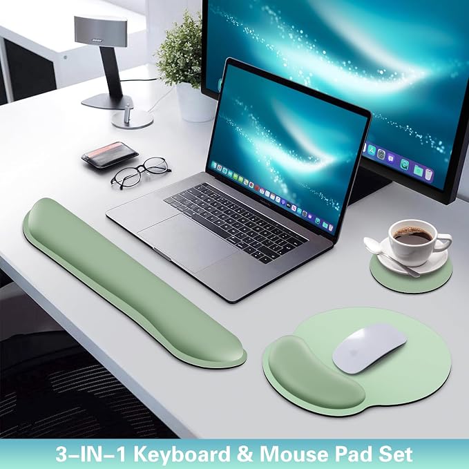 Mouse Pad with Wrist Rest Set, 3-in-1 Wrist Support Mousepad | Gaming Mat Pad with Anti-Skid Base,Ergonomic Mouse Pad Green,Memory Foam Gel Wrist Rest for Computer Keyboard
