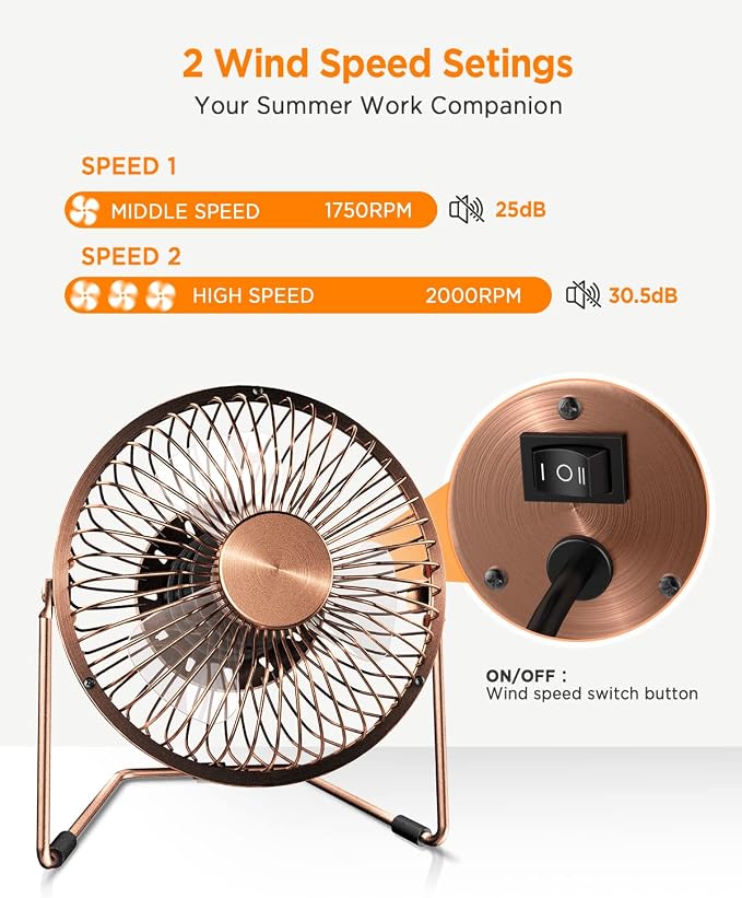 EasyAcc 6 Inch USB Desk Fan, 360°Rotation Small and Quiet,Powerful Portable Strong Airflow,Mini Metal Personal Cooling Fan with 2 Speed for Home Office,Bronze(USB POWERED ONLY)