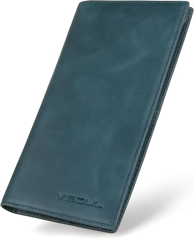 VISOUL Leather Checkbook Cover Wallet for Men with RFID Blocking, Mens Long Bifold Cash Tall Wallet with 11 Credit Card Slots 1 ID Window (Dark Blue)