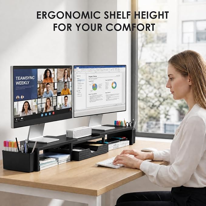 Desk Organizers and Accessories, Dual Monitor Stand Riser with Drawer and 2 Pen Holders, Desk Shelf Computer Racks for Office Workspace Organizers, Desktop Organization (Black)