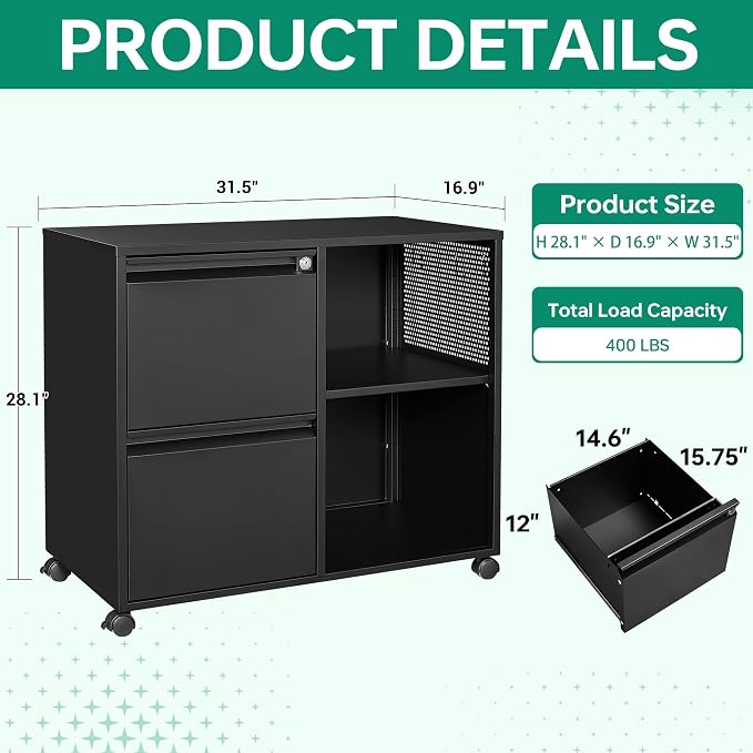 Mobile File Cabinet, Metal Lateral Rolling Printer Stand Filing Cabinets with Shelves for Home Office-Storage A4/F4 (Black)