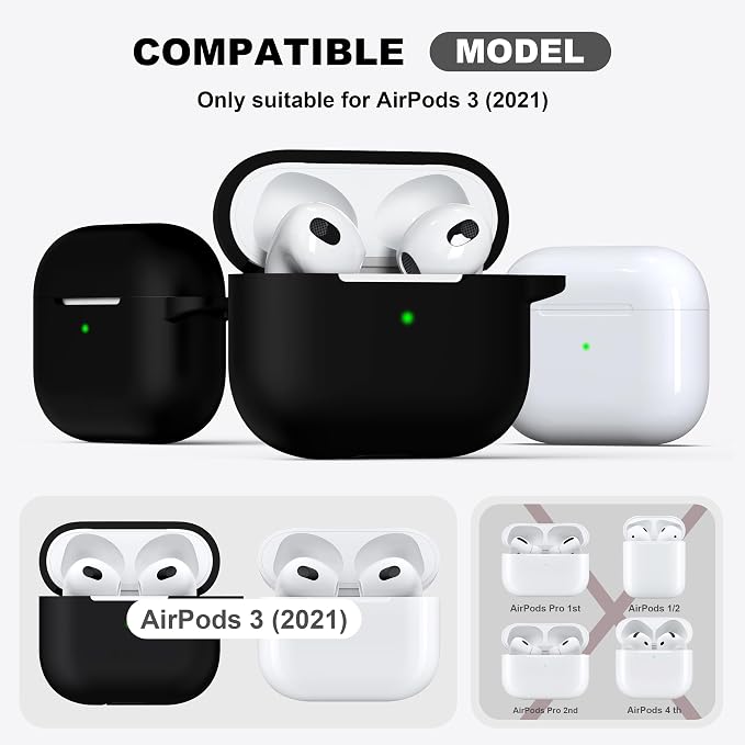R-fun Compatible with AirPods 3 Case Cover, Silicone Protective Accessories Skin with Keychain Compatible with Apple AirPod 3rd Generation 2021 for Women Men Girls Boys,Front LED Visible,Black