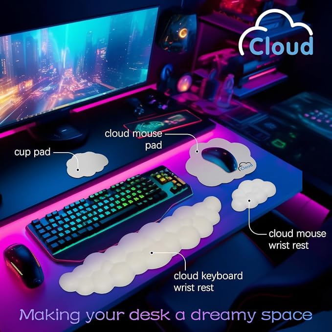 4 in 1 Ergonomic Leather Cloud Wrist Rest Keyboard and Mouse Pad & Coaster | Full 4-Piece Set, Non-Slip PU Base, Soft Memory Foam Comfort For Long Work/Gaming Hours, Cute Desk Decor, Easy To Clean