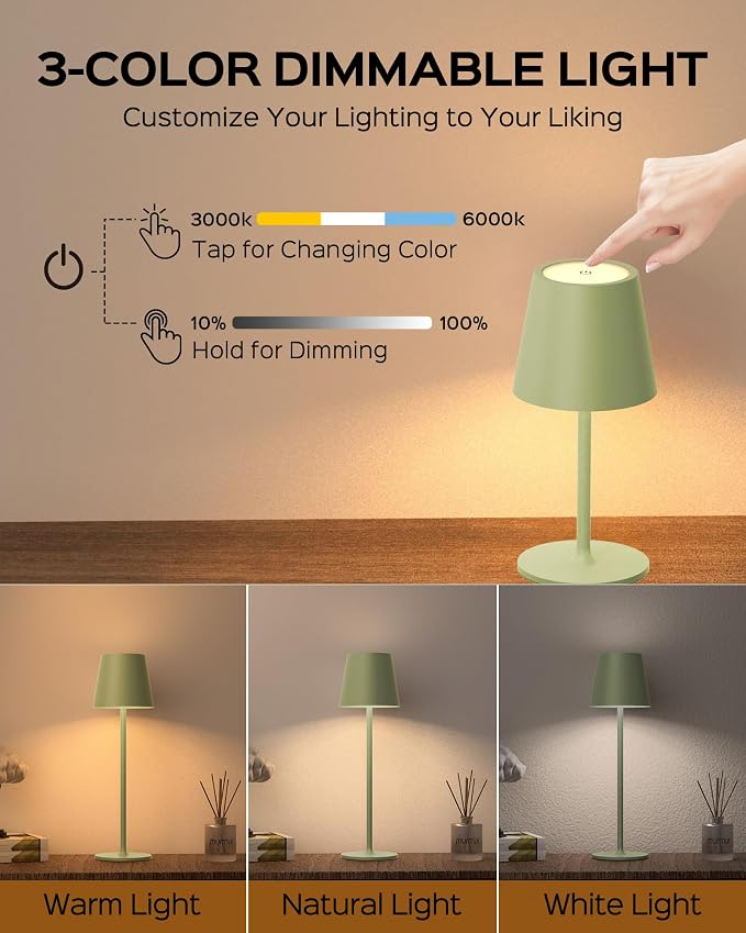 JACKYLED Cordless Table Lamps Rechargeable, 3 Adjustable Height, 5000 Capactiy Operated, 3 Colors Smooth Dimming, Portable LED W