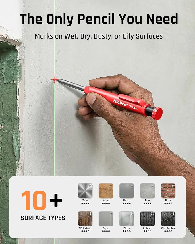 Nicpro CP1000 Carpenter Pencils with Sharpener, 6 Pack | ction Pencil+66 Refill & Long Nib Marker Pen, Heavy Duty Woodworking Tool Pencil for Construction Marking Comfort Grip